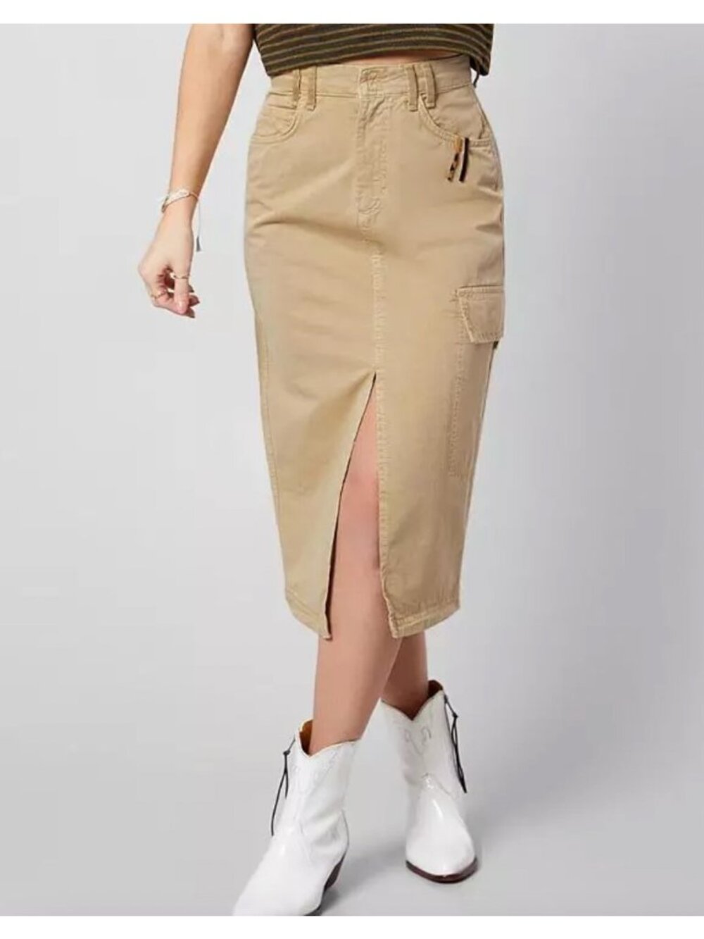 Free People‎ Khaki Cargo Utility Midi Skirt Womens 24 Cotton Front Slit Boho Y2K